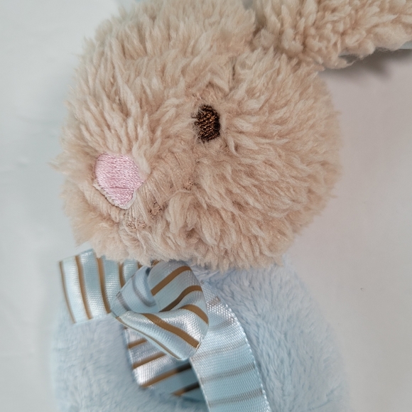 Blue Plush Bunny Grabber Rattle Baby Toy Sewn Eyes Nose Satin Ears & Bow - Picture 2 of 10